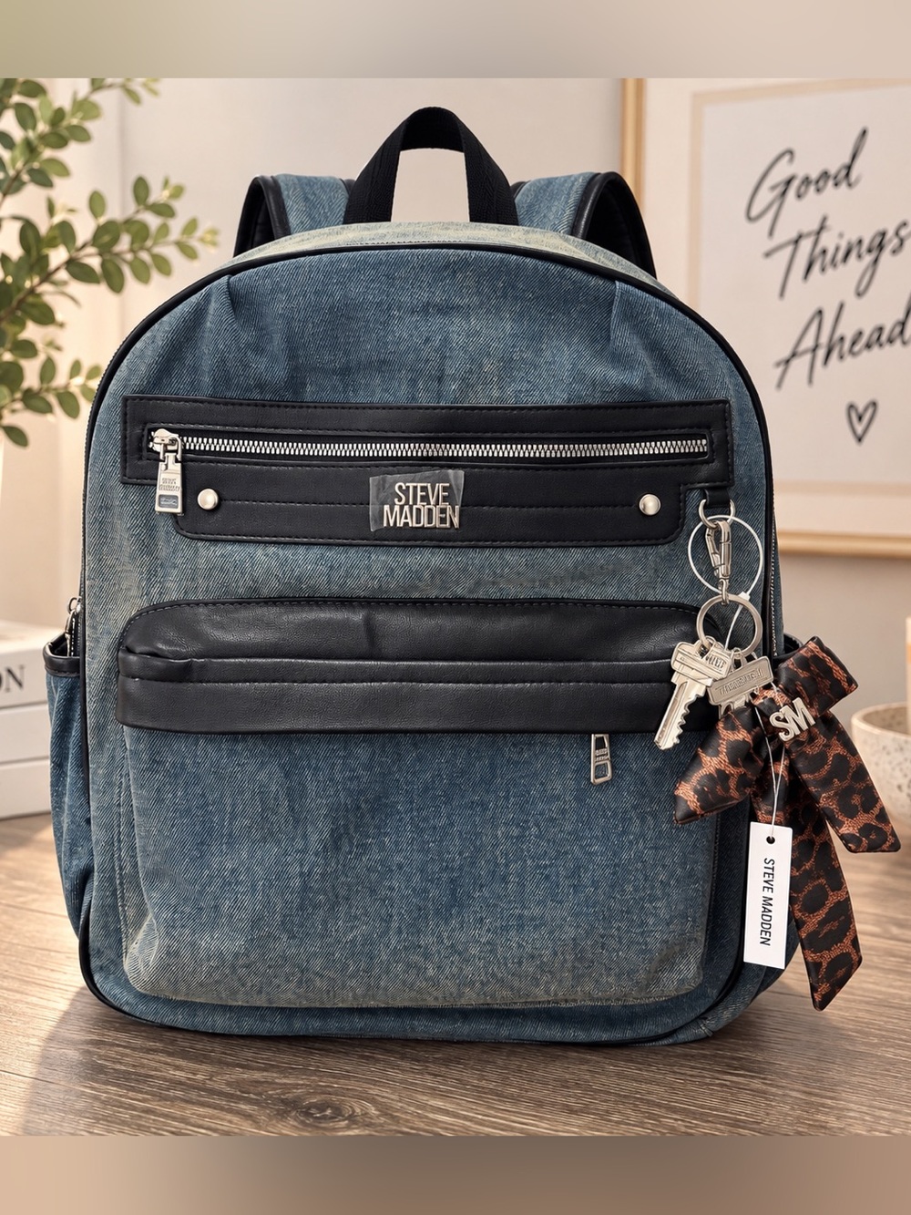 Steve Madden Faded Denim Blue Backpack with Black Trim